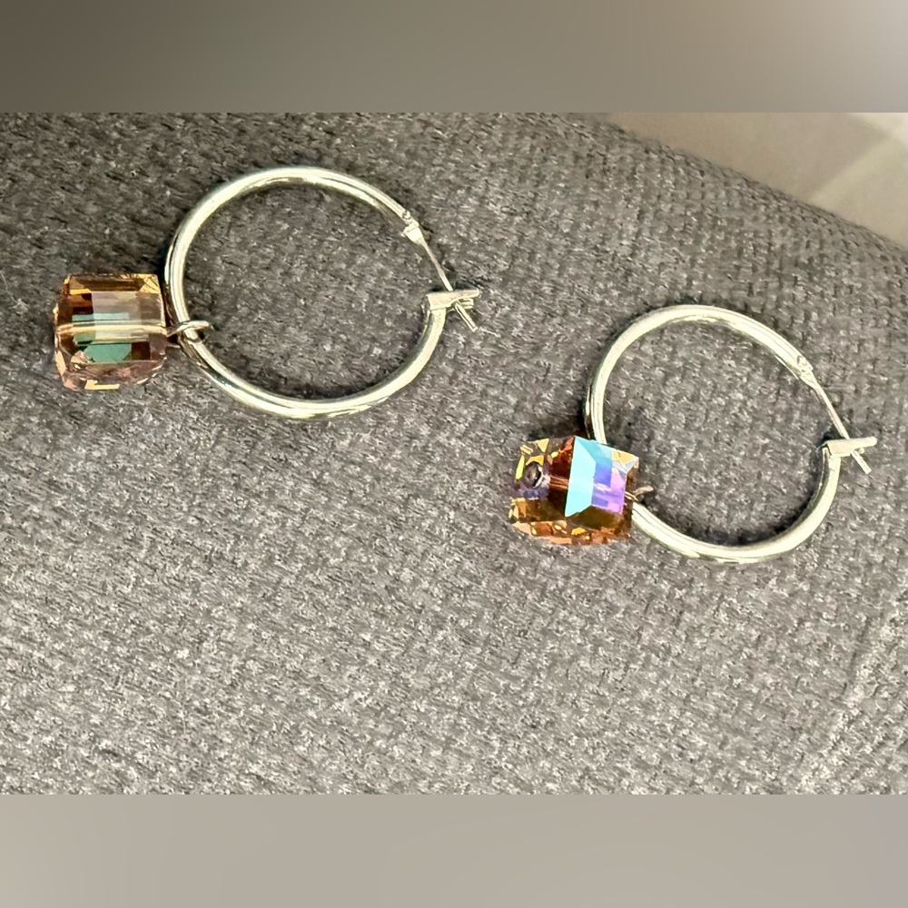 925 Sterling Silver Hoop Earrings w/ Attachable Swarovski Aurora Crystal Charm